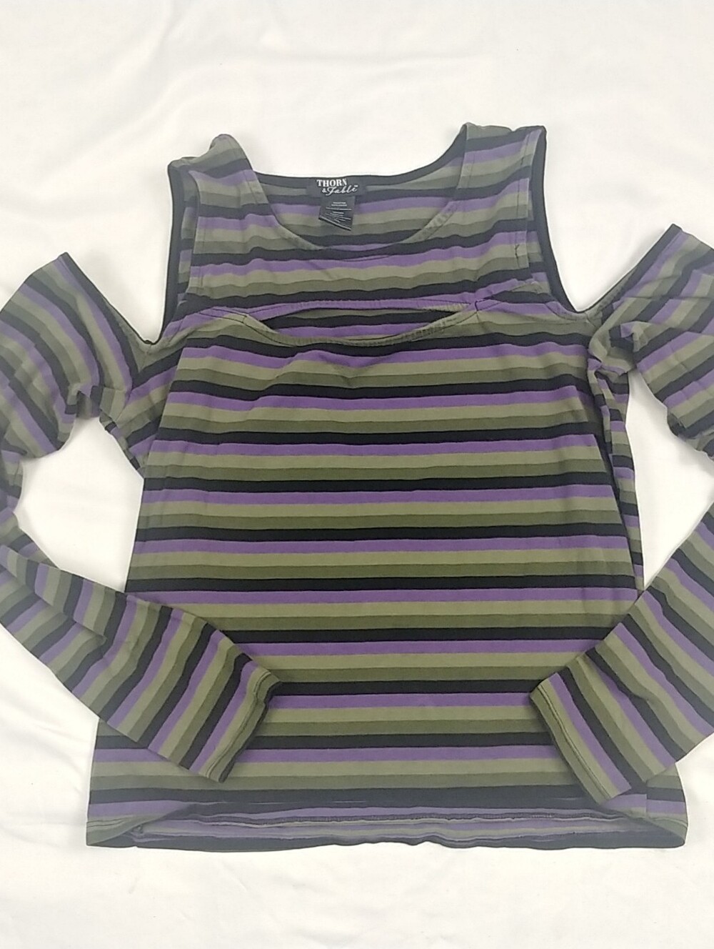 Thorn And Fable Cold Shoulder Top Women XL Stripe Long Sleeve Stretch Streetwea
